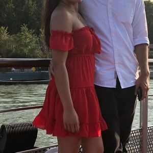 Red off shoulder dress